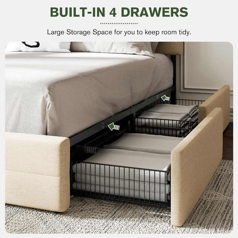 MUTICOR Queen Size Bed Frame with 4 Storage Drawers, Upholstered Platform Bed...
