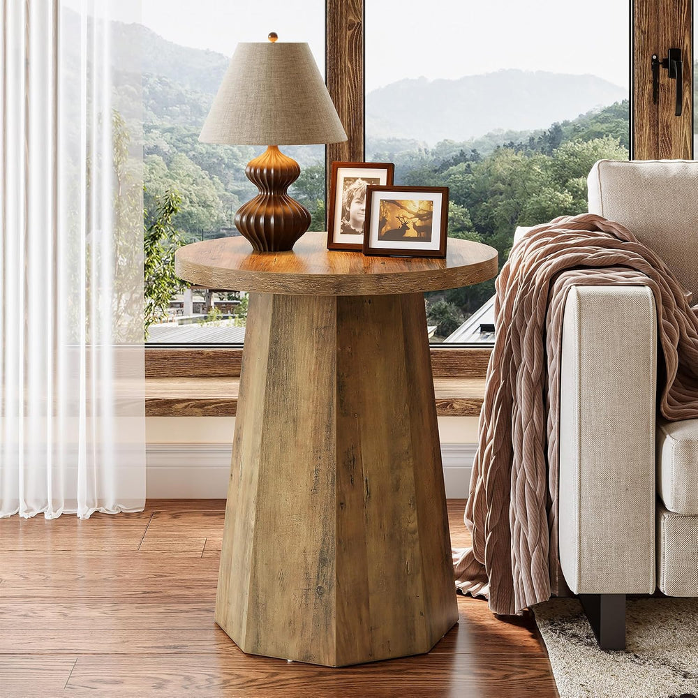 Tribesigns Farmhouse Round End Table, Wooden Couch Side Table with Octagonal ...