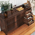 47" Walnut Farmhouse Buffet Sideboard Cabinet with Slat Doors for Kitchen | Wood Credenza with 4 Drawers & 2 Doors Coffee Bar Storage Cabinet with Adjustable Shelf for Living Room Entryway
