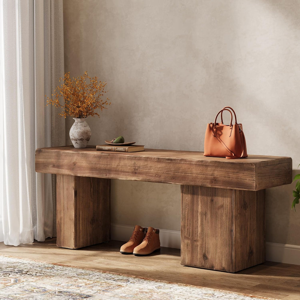 Solid Wood Bench, 47” Farmhouse Entryway Bench with Thickened Seat & Arti...