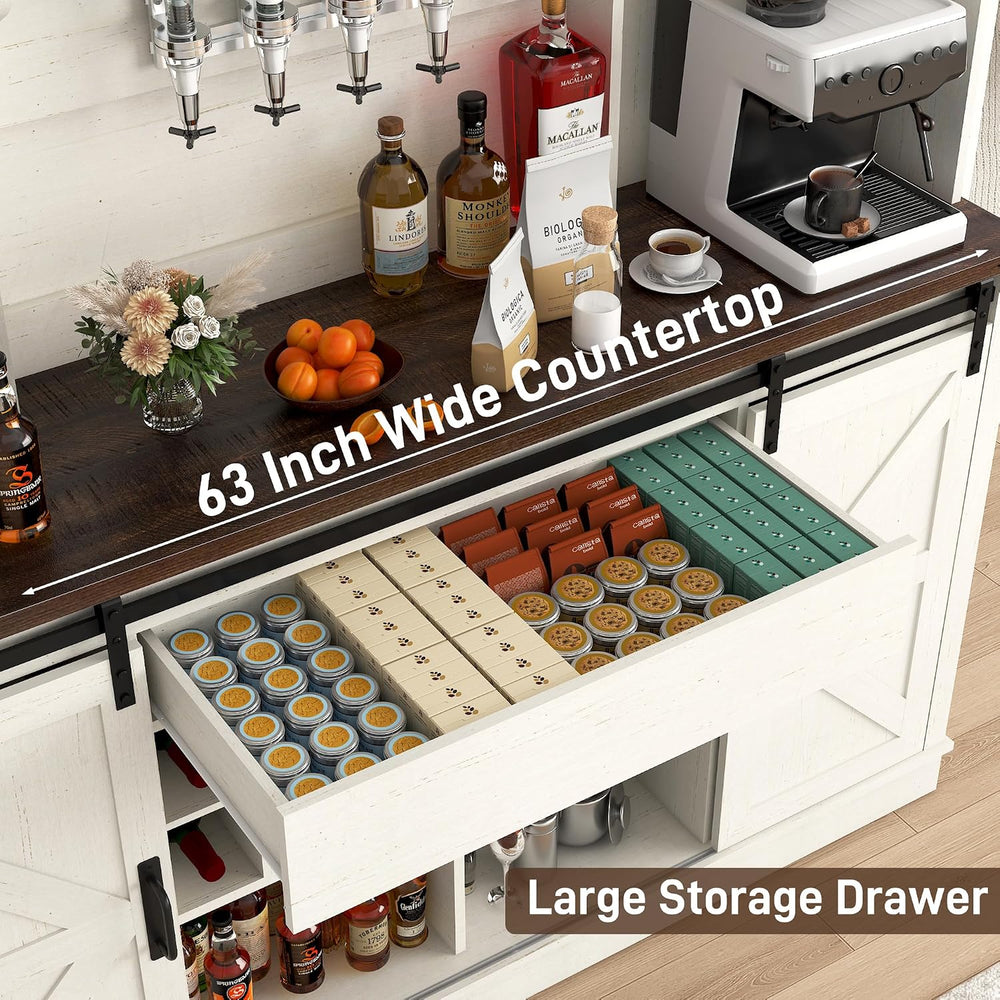 Farmhouse Coffee Bar Cabinet with LED Light, Charging Station & Sliding B...