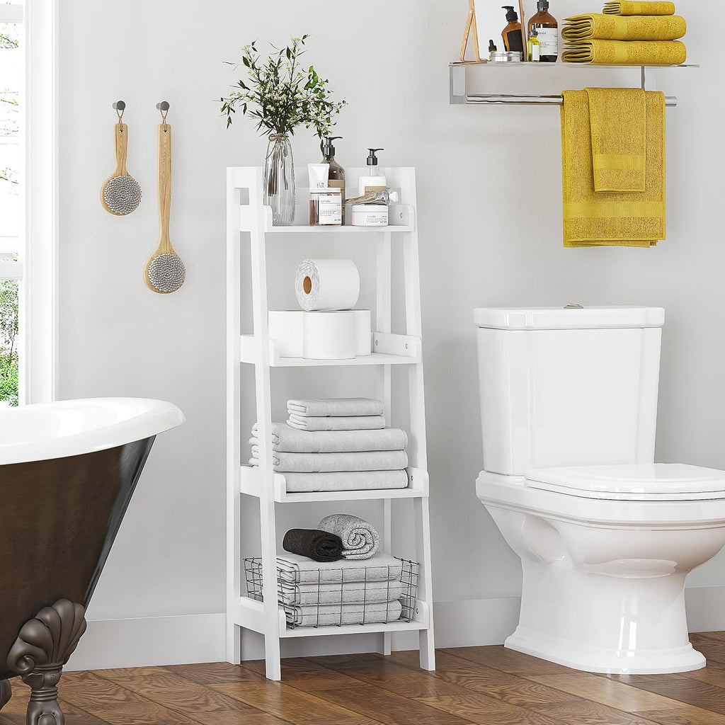UTEX Freestanding Bathroom Storage Shelf with 4-Tier Ladder Design, White | 4 Fixed Shelves, A-Frame Ladder Design, Side and Back Guards, Anti-Tip Design, 14.69" W × 11.42" D × 42.7" H