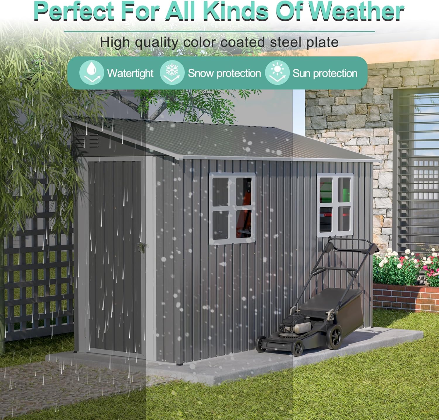 4x10 FT Outdoor Storage Shed, Metal Shed, Lockable Door, Sloping Roof, All-Weather Lean to Resin Shed for Garden, Backyard, Patio, Lawn (Gray)