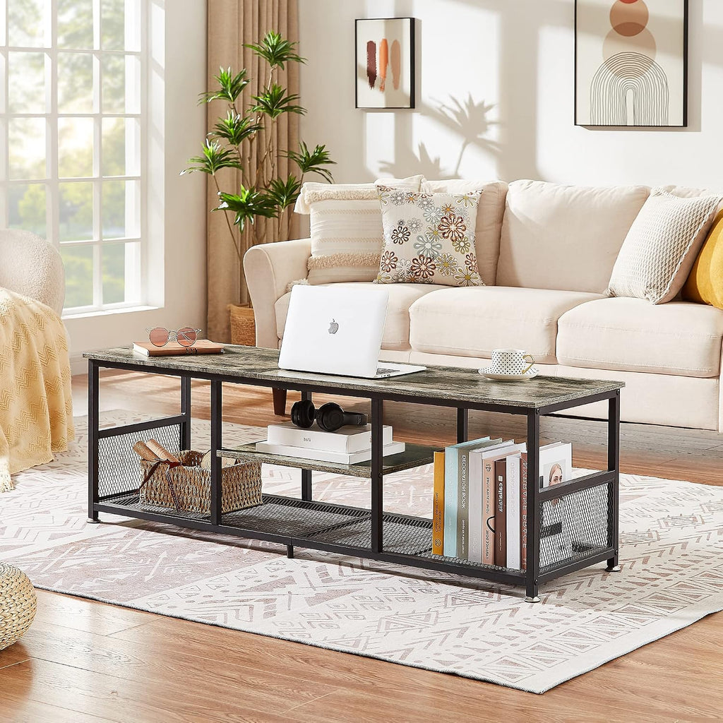 VECELO Industrial TV Stand for Televisions up to 65 Inch, 55" Entertainment Center with Open Storage Shelves for Living Room/Bedroom, 3 Tiers Media Console Table with Metal Frame, Grey, 55 Inches