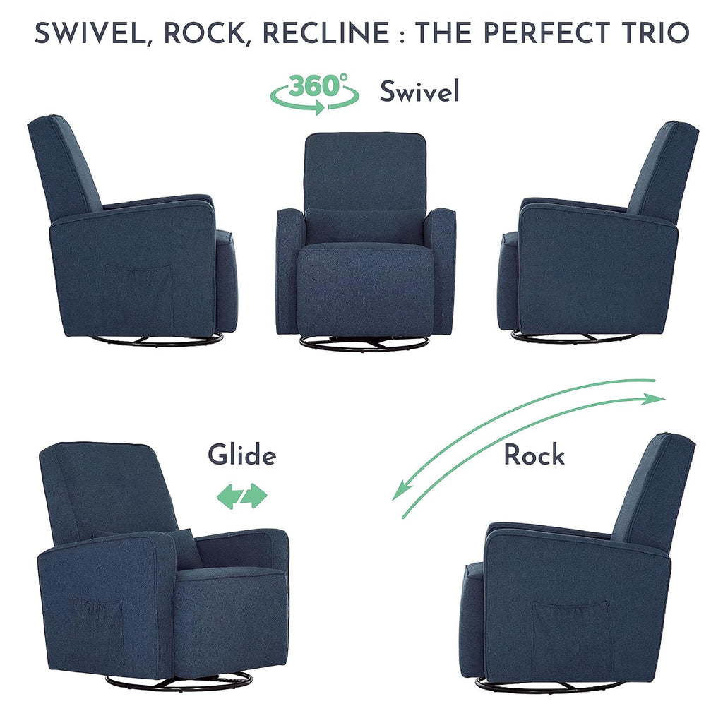 Evolur Holland Upholstered Plush Seating Glider Swivel, Glider Chair for Nursery in Navy, Modern Nursery Glider, Tool-Free Assembly, Easy to Clean, Environmentally Conscious Glider