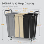 Large laundry hamper with Wheels, 360L 3 Bag Big Rolling Laundry Hamper Sorter Cart, Extra Large Laundry Clothes Hamper, Heavy Duty Laundry Basket Organizer for Laundry Room,Bathroom,Black