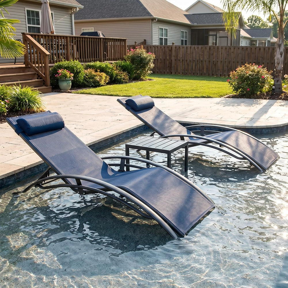PURPLE LEAF Pool Lounge Chaise Set of 3 Outdoor Lounger Chair, Navy Blue | 2 ...