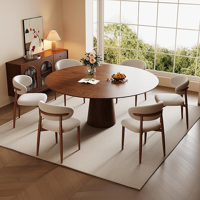 Dining Chairs Set of 6 for Kitchen Dining Table Mid Century Modern Farmhouse Upholstered Linen Dining Room Chairs with Metal Legs, Walnut Beige