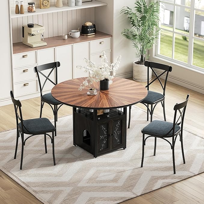 47" Round Dining Table Set for 4-6 People, Large Farmhouse Kitchen Dining Table Set with Chairs and Storage Rack, Metal Base Round Table for Home Dining Room Living Room (Cat table and 4 black chairs)