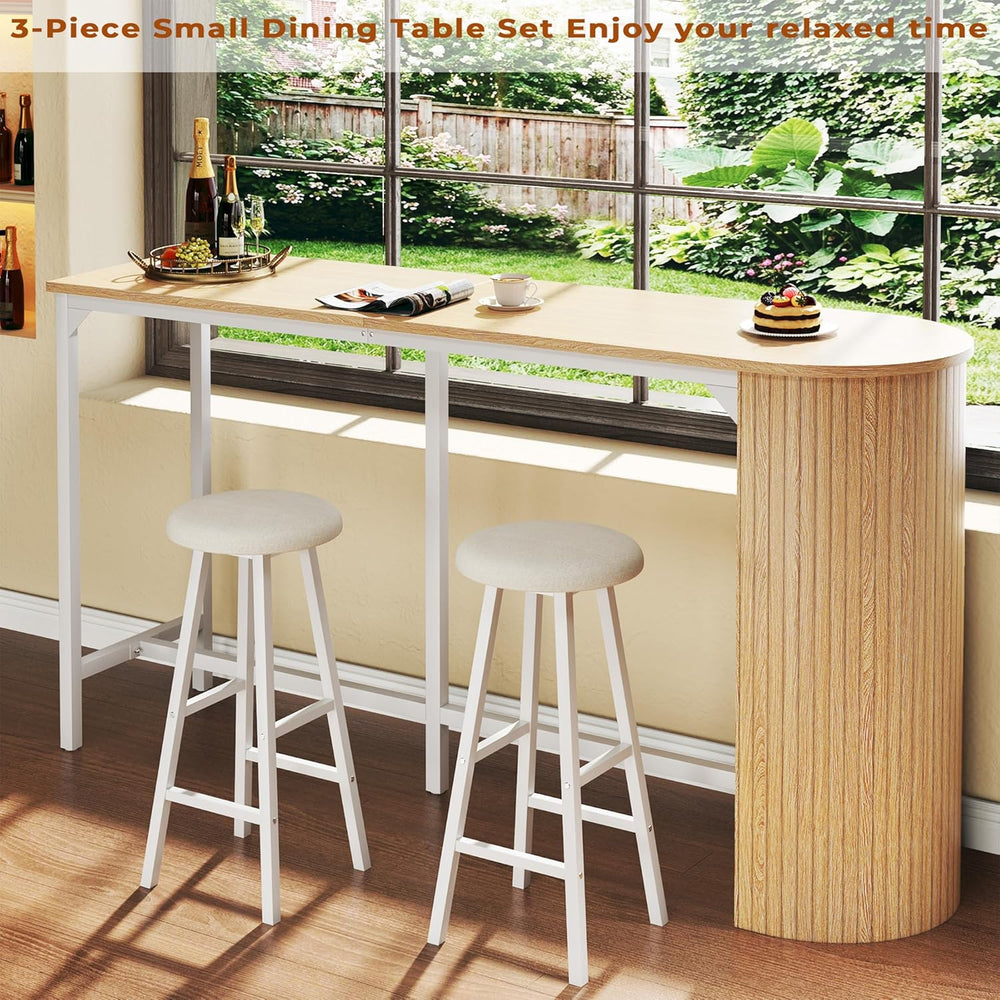 Fluted Bar Table and Chairs Set, 55'' Long Bar Tables with 2 Stools, ...