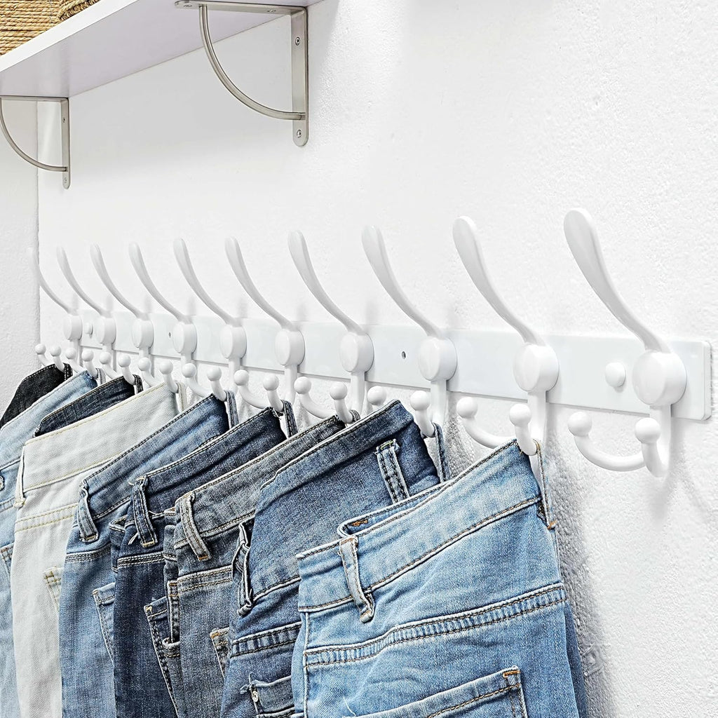 Dseap MaxStrong 2.0 Coat Rack Wall - 37” Long 10 Tri Hooks - Ultra Heavy-Duty Stainless Steel Wall Mount Coat Hanger, Hook Rail for Clothes Hats Jacket Towels White, Pack of 2