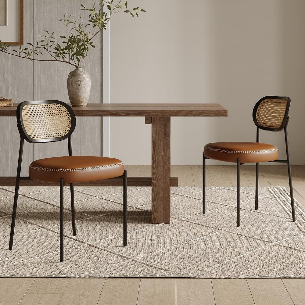 Rattan Dining Chairs Set of 4, Camel Leather Upholstered Dining Chairs with R...