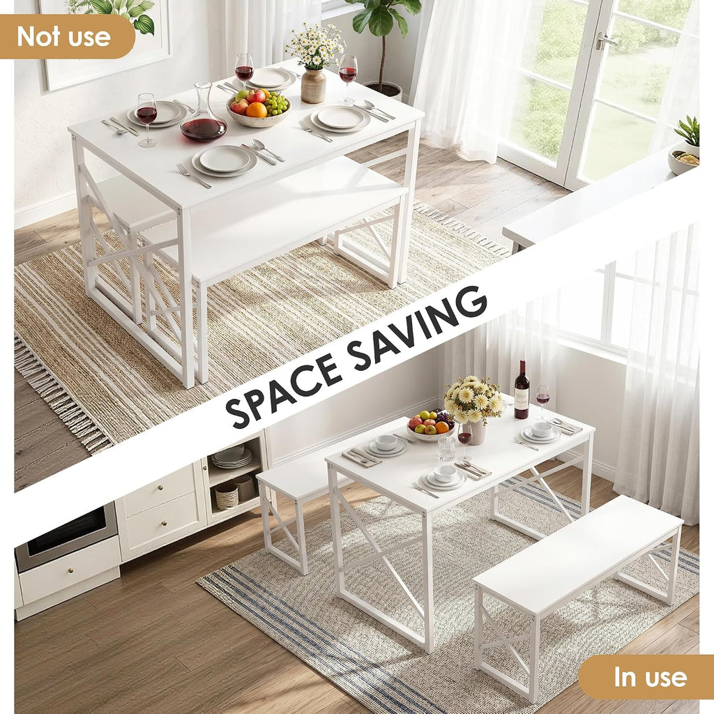 VECELO 43.3" Kitchen Dining Table Set for 4, Heavy-Duty Steel Frame & Wood-Grain Tabletop, Space-Saving Dinette Sets with 2 Benches for Breakfast Nook and Small Space, White