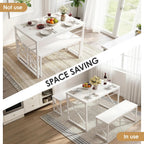 VECELO 43.3" Kitchen Dining Table Set for 4, Heavy-Duty Steel Frame & Wood-Grain Tabletop, Space-Saving Dinette Sets with 2 Benches for Breakfast Nook and Small Space, White