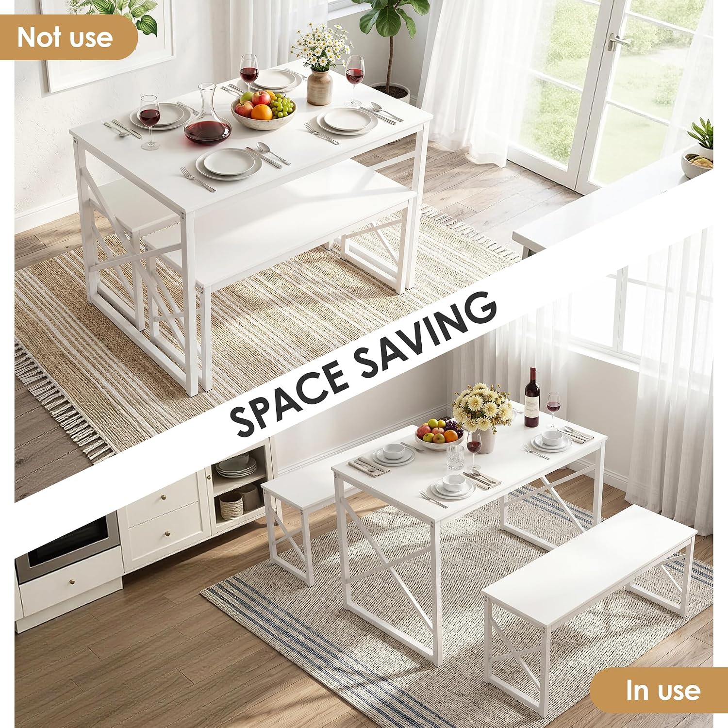 VECELO 43.3" Kitchen Dining Table Set for 4, Heavy-Duty Steel Frame & Wood-Grain Tabletop, Space-Saving Dinette Sets with 2 Benches for Breakfast Nook and Small Space, White