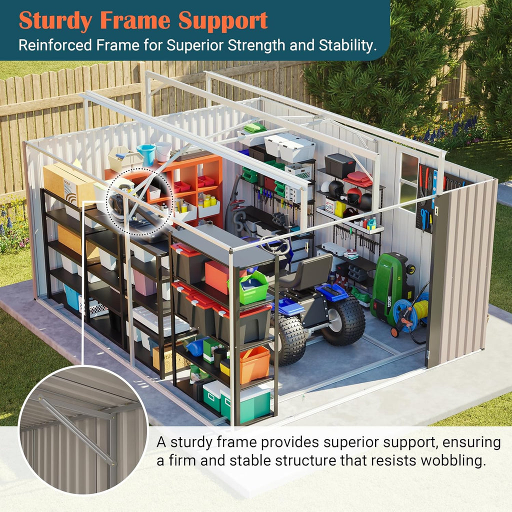 10x12 FT Metal Storage Shed with Floor Frame, Heavy-Duty Outdoor Storage Building with Diamond Roof, 4 Air Vents, Transparent Window & Lockable Double Doors, Snow-Resistant Backyard Garage Shed