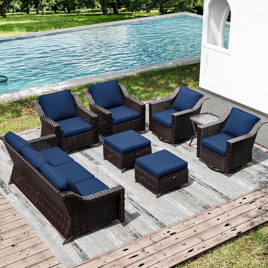 Wicker Patio Furniture Sets, 8 Pieces Upgraded Large Size Outdoor Furniture with Swivel Rocking Patio Chairs, Patio Dining Chair, 3-Seat Sofa, Outdoor Ottoman, Thick Cushions, Wide Armrest