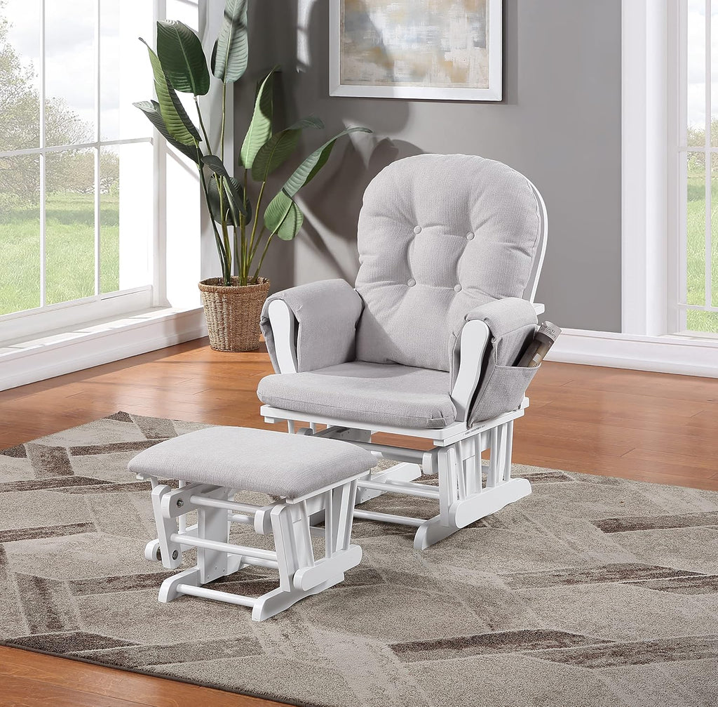 Glider and Ottoman White Wood and Woven Gray Fabric