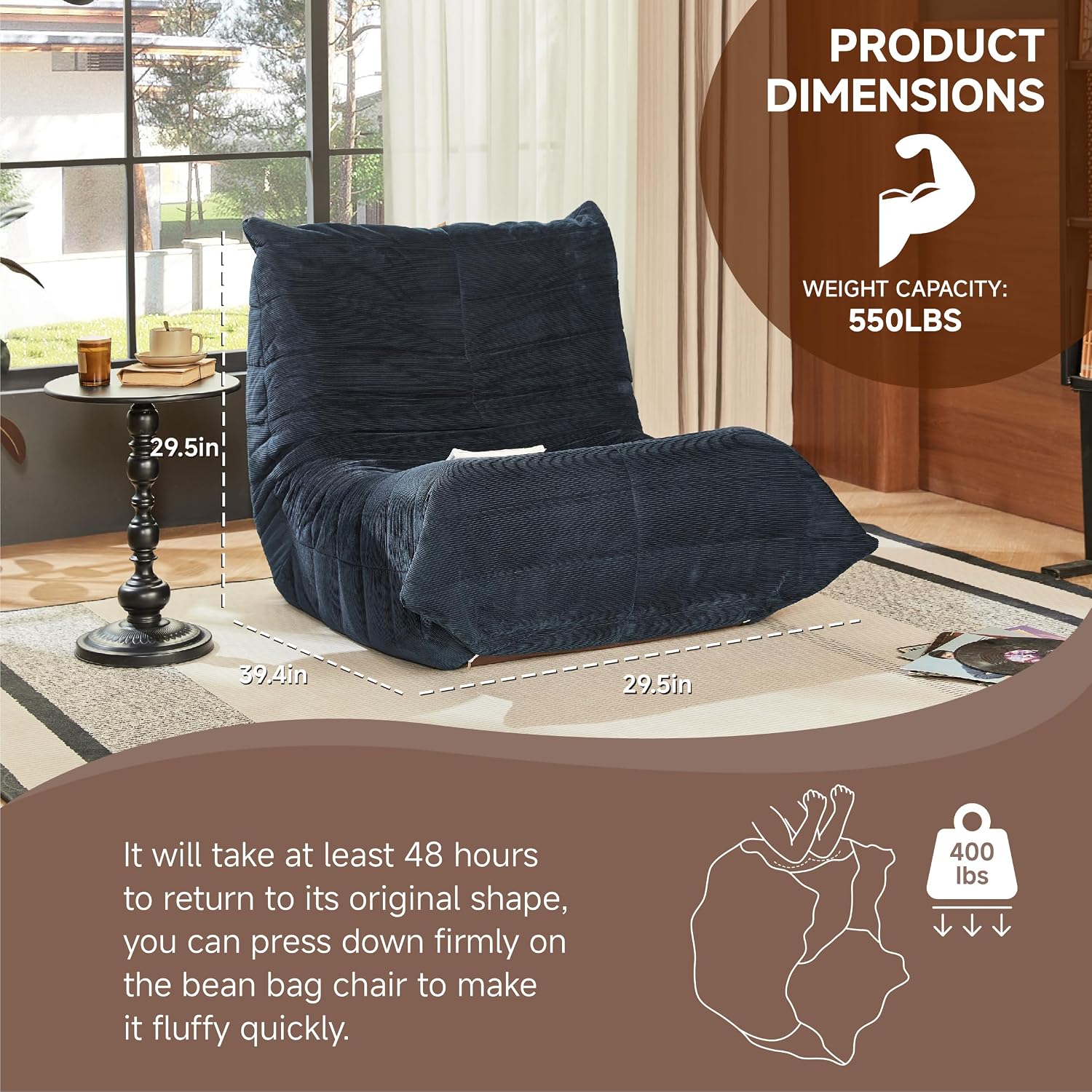 Bean Bag Chair for Adults,Bean Bag Chairs with High Density Comfortable Memory Foam,Giant Lazy Sofo Fireside Bean Bag Chair, for Living Room, Bedroom, Reading & TV (Bule)