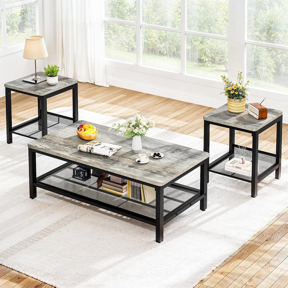 Recaceik 3-Piece Living Room Coffee Table Set, Industrial Coffee Table with 2...