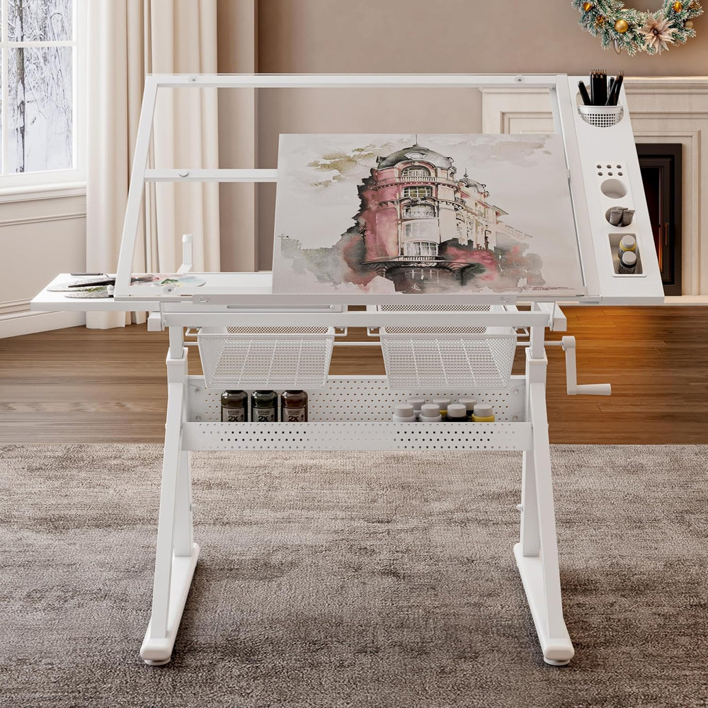 Drafting Table w/Art Stool, Hand Crank Height Adjustable Drawing Desk for Adu...