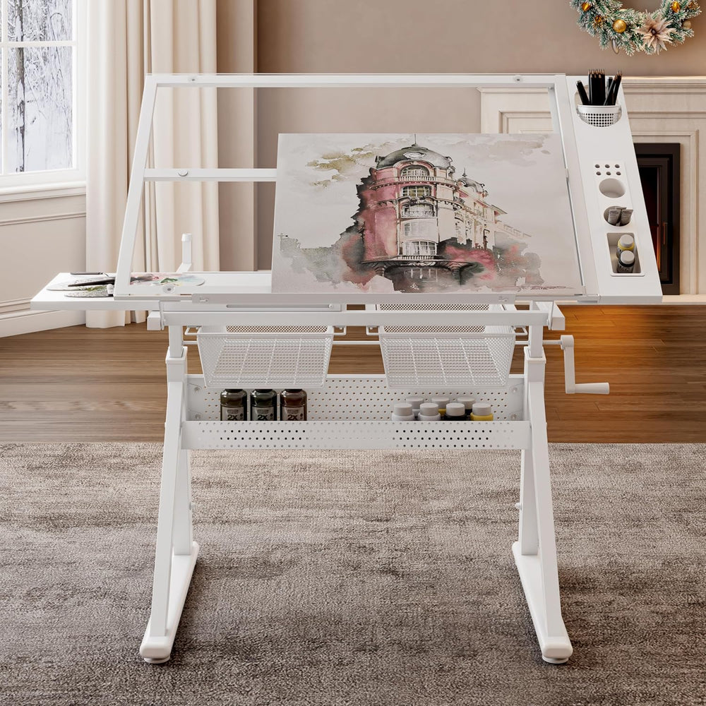 Drafting Table with Storage, Adjustable Drafting Tables Desk Tilting | Adjust...