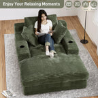 75.9"D Oversized Chaise Lounge Chair Indoor with Cup Holders,Green | Comfy Reading Chair,with Cup Holders & Side Pocket,Plush Corduroy 30D High Density Sponge Boneless Chair with 2-Layer Sponge