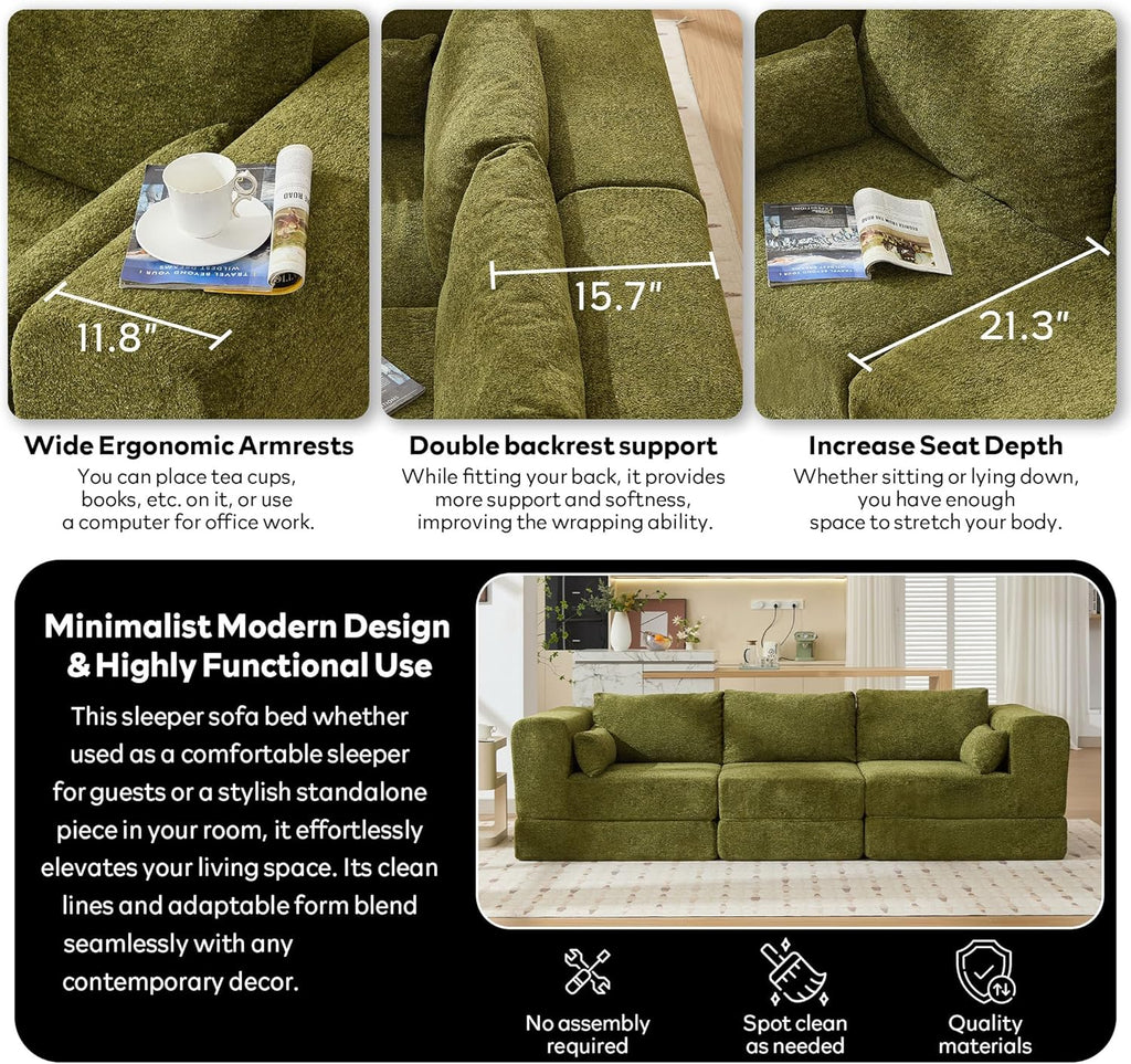 106" Chenille Folding Convertible Sleeper Sofa Bed, Green Pull Out Floor Modular Couch with Pillow, Memory Foam Boneless Couchs Sectional for Living Room Bedroom (3, Green)