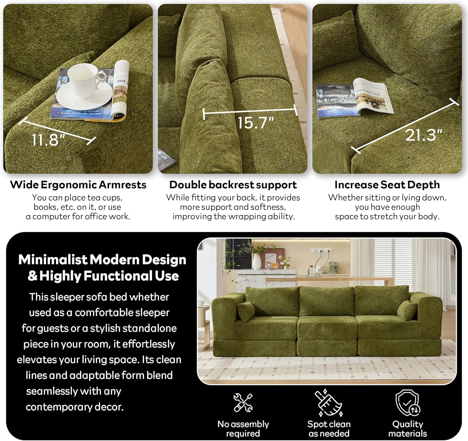 106" Chenille Folding Convertible Sleeper Sofa Bed, Green Pull Out Floor Modular Couch with Pillow, Memory Foam Boneless Couchs Sectional for Living Room Bedroom (3, Green)