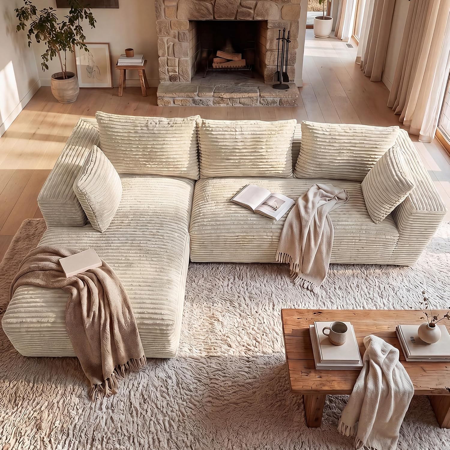 107" L-Shaped Boneless Sectional Sofa with Left-Facing Chaise, Beige | Deep-seat corduroy cloud couch with a modular boneless design and no assembly required for easy, comfortable lounging.