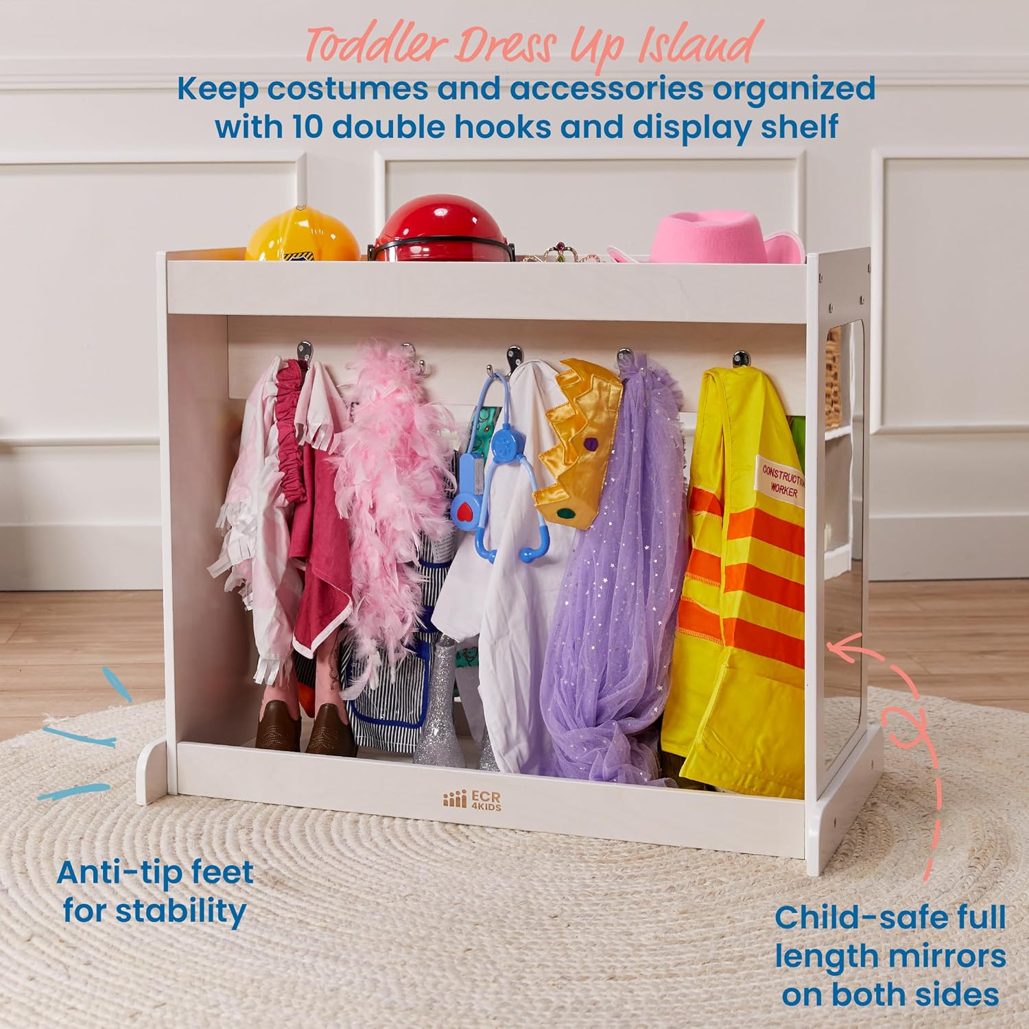 ECR4Kids Streamline Toddler Dress-Up Island, Costume Organizer, White Wash