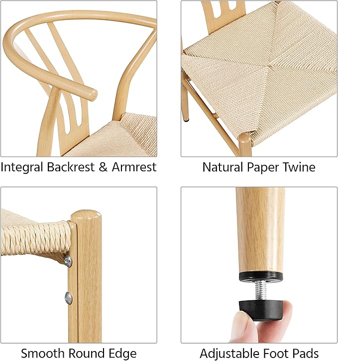Yaheetech Weave Dining Chairs Set of 6 Mid-Century Modern Dining Room Chairs with Weave Hemp Seat and Metal Legs for Kitchen, Living Room, Restaurant, Wood Color
