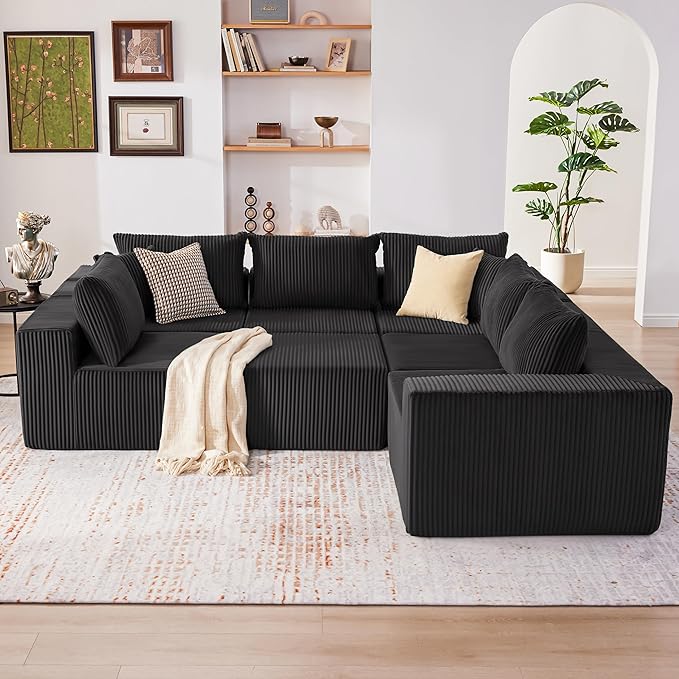 Cloud Couch Sectional, Modular Sofa with Deep Seat, Convertible Sectional Couches for Living Room, Plush Corduroy U Shaped Boneless Couch (Black, 6 Seater & 1 Ottoman)