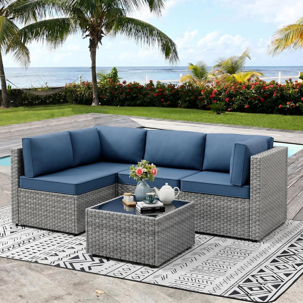 Vongrasig 5 Pieces Outdoor Sectional Furniture, All-Weather Rattan Patio Furn...