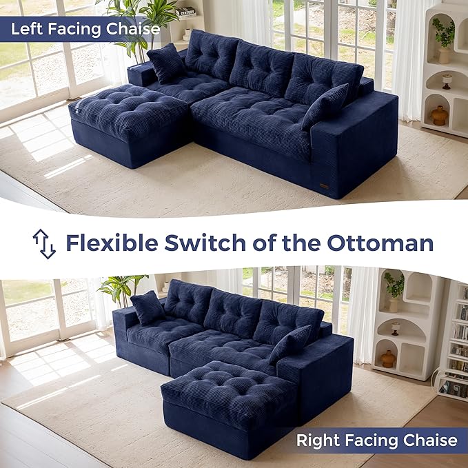 MAXYOYO 104" L Shaped Modular Sectional Sofa with Ottoman, Tufted Boneless Couch with Layered Cushion, Upholstered Flexible Module Combination Sofa for Living Room, No Assembly, Navy