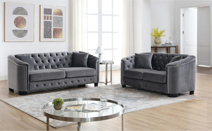 2 Piece Modern Chesterfield Velvet 77" 3-Seater+59" Loveseat Sofa Set, Upholstered Tufted Backrests with Nailhead Arms and 4 Cushions for Living Room, Bedroom, Apartment,Grey