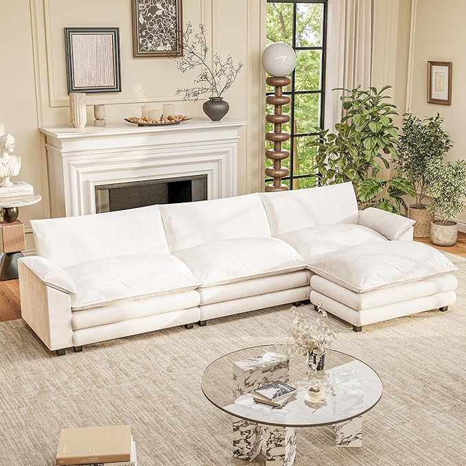 Furniwell 119" Modular Couch 3-Seat Sofa with Reversible Ottoman, Cloud Couch L Shaped Sofa with Deep Seat, Chenille Sectional Couches for Living Room