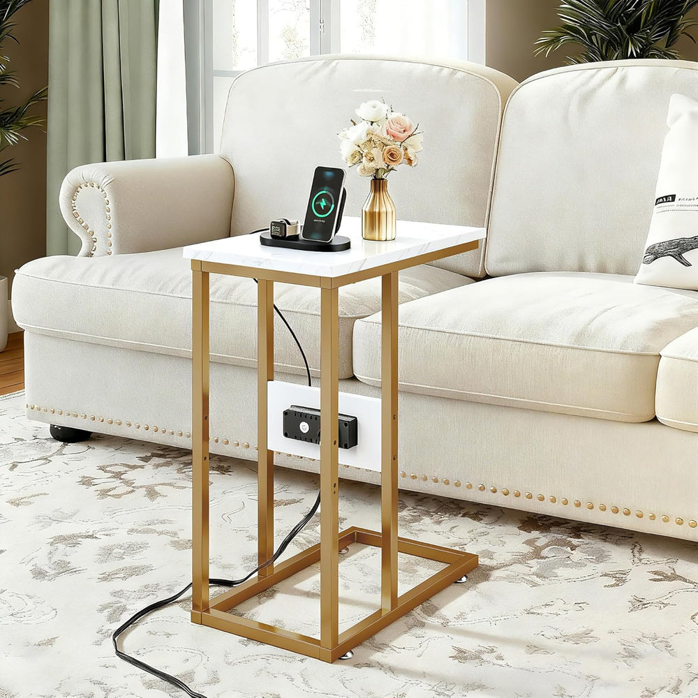 VECELO C-Shaped End Side Table Set of 2, with Charging Station & Two USB ...