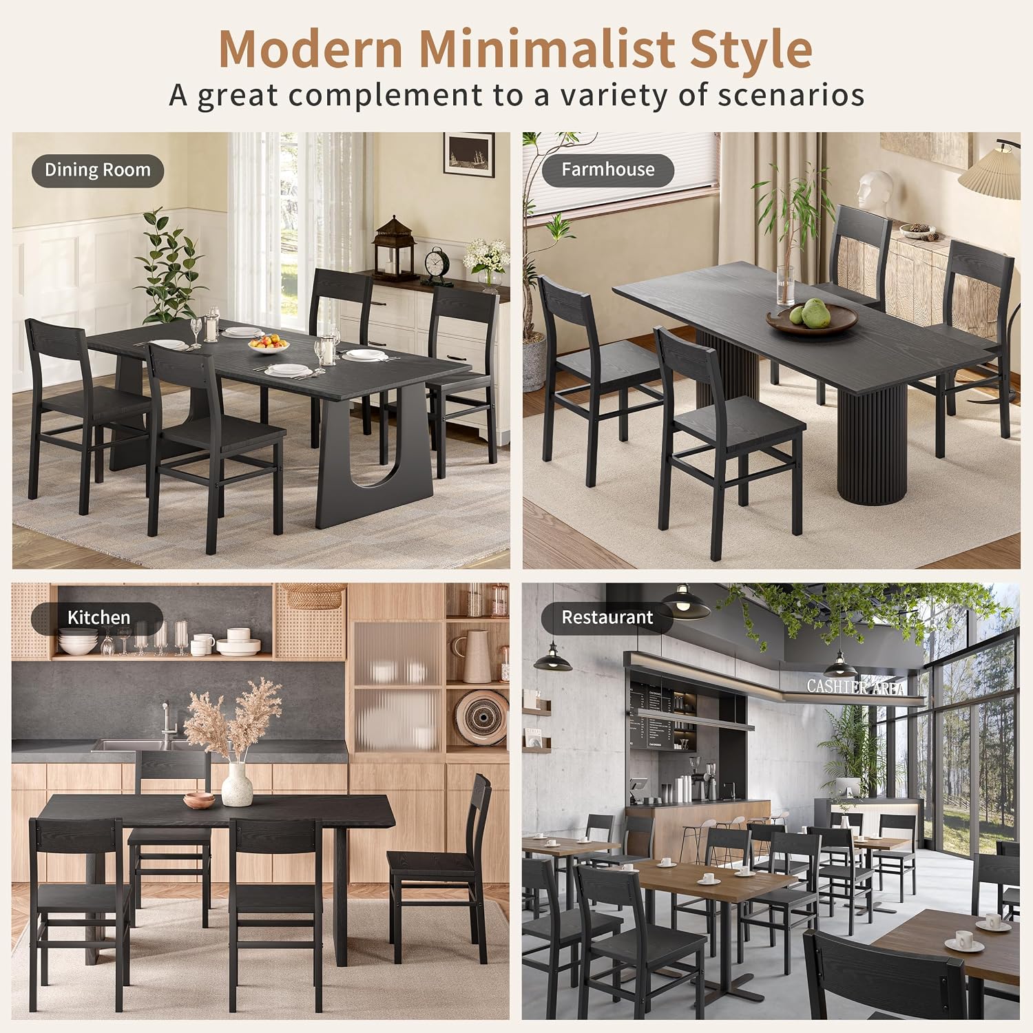 MECHYIN Dining Chairs Set of 4, Rustic Wood Dining Room Chairs with Thickened and Strengthened Metal Steel Frame & Slat Back, Modern Farmhouse Chair for Kitchen, Dining Room (4, Dark Black)