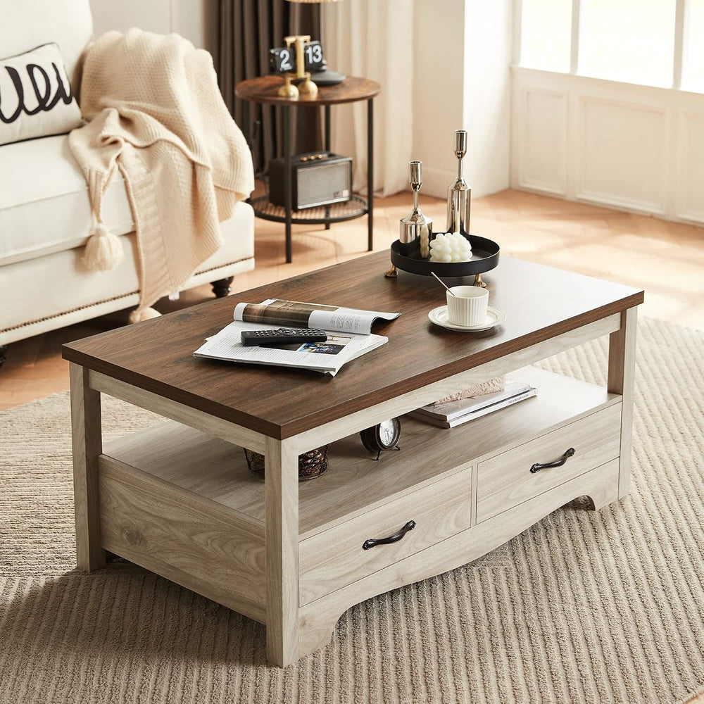 LINSY HOME Farmhouse Coffee Table with Storage, Wood Coffee Table for Living ...