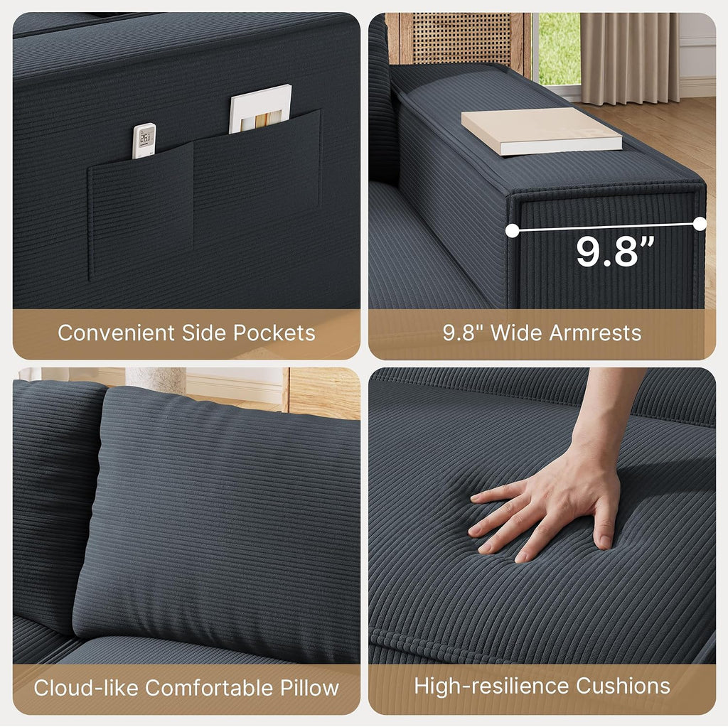 Boneless Cloud Couch, 80" Loveseat Sectional Sofa with Ottoman, Black | Corduroy No Assembly Modular L Shaped Floor Couch for Living Room, Small Space