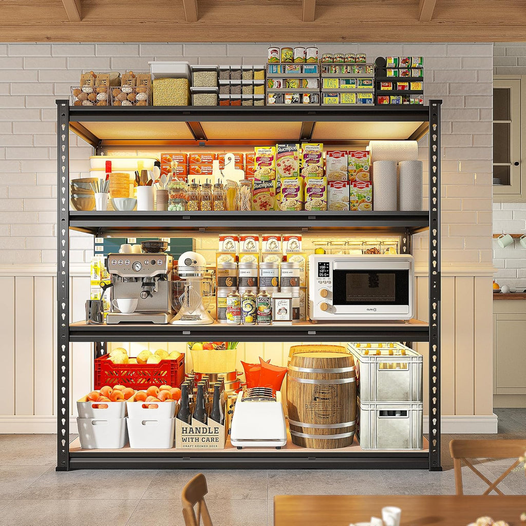 REIBII 48.2" W Garage Shelving, Storage Shelves Load 2600LBS, 4-Tier Adjustable Heavy Duty Metal Shelves for Warehouse, Pantry, Kitchen, 60.1" H X 48.2" W X 24" D, Black