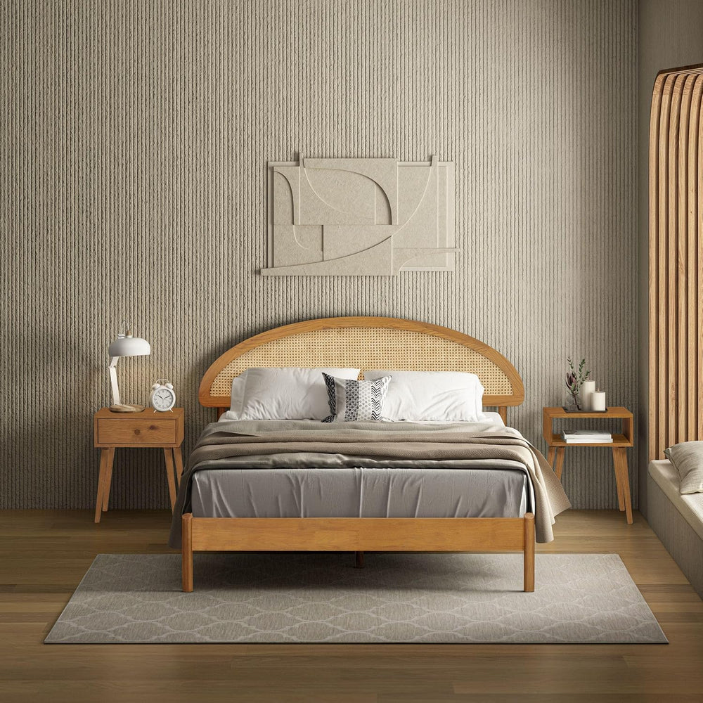 NTC Gem Wooden Bed Frame with Headboard and Natural Rattan, Solid Oak/Rubber ...