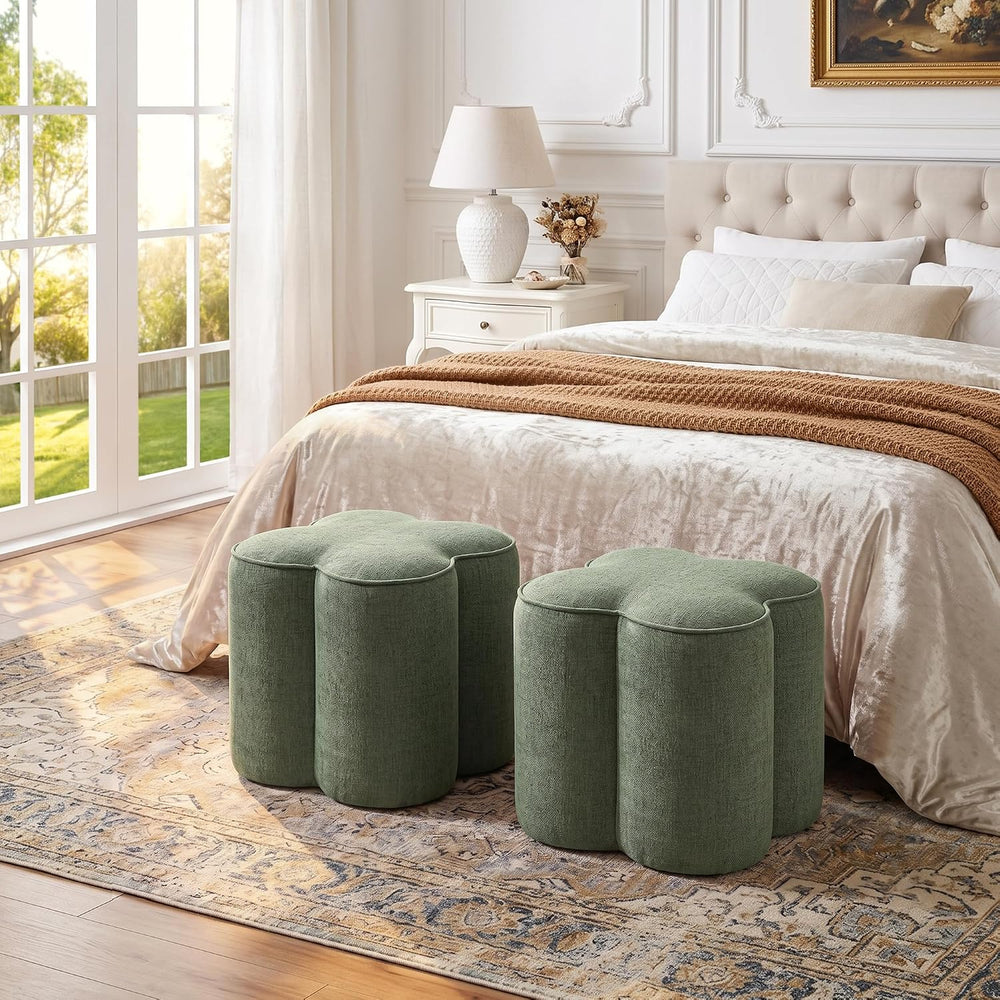 Green Linen Ottoman Set of 2, Small Vanity Stool, Modern Footstool | Multi-Fu...