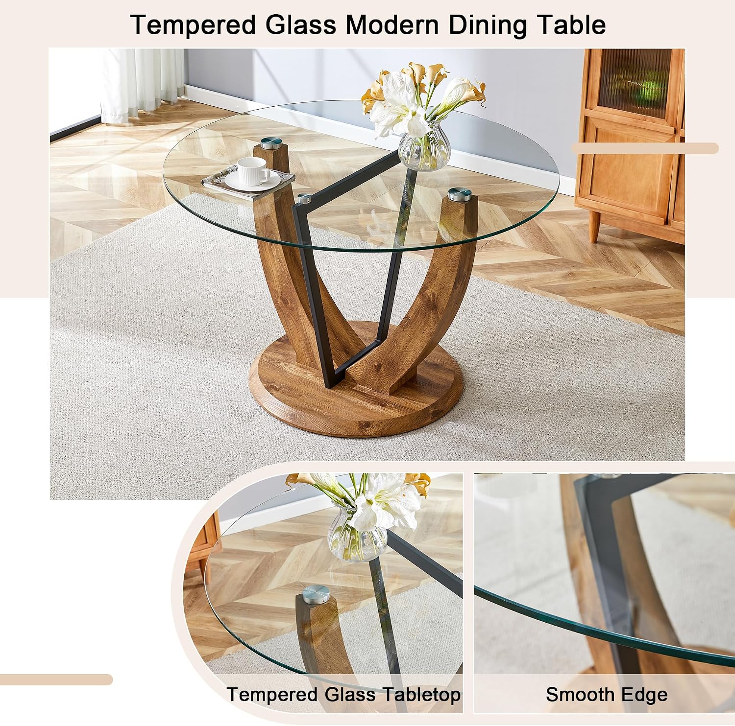 JUFU Round Dining Table Set for 6, 48" Table and Chairs Set of 6 with Faux Marble Tabletop and PU Upholstered Brown-0501 Chairs, Modern 6 Seater Dining Table Set for Dinning Room, Kitchen