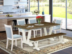 East West Furniture V077MZ015-6 6 Piece Dining Table Set Contains a Rectangle Dining Room Table with V-Legs and 4 Baby Blue Linen Fabric Parson Chairs with a Bench, 40x72 Inch, Multi-Color