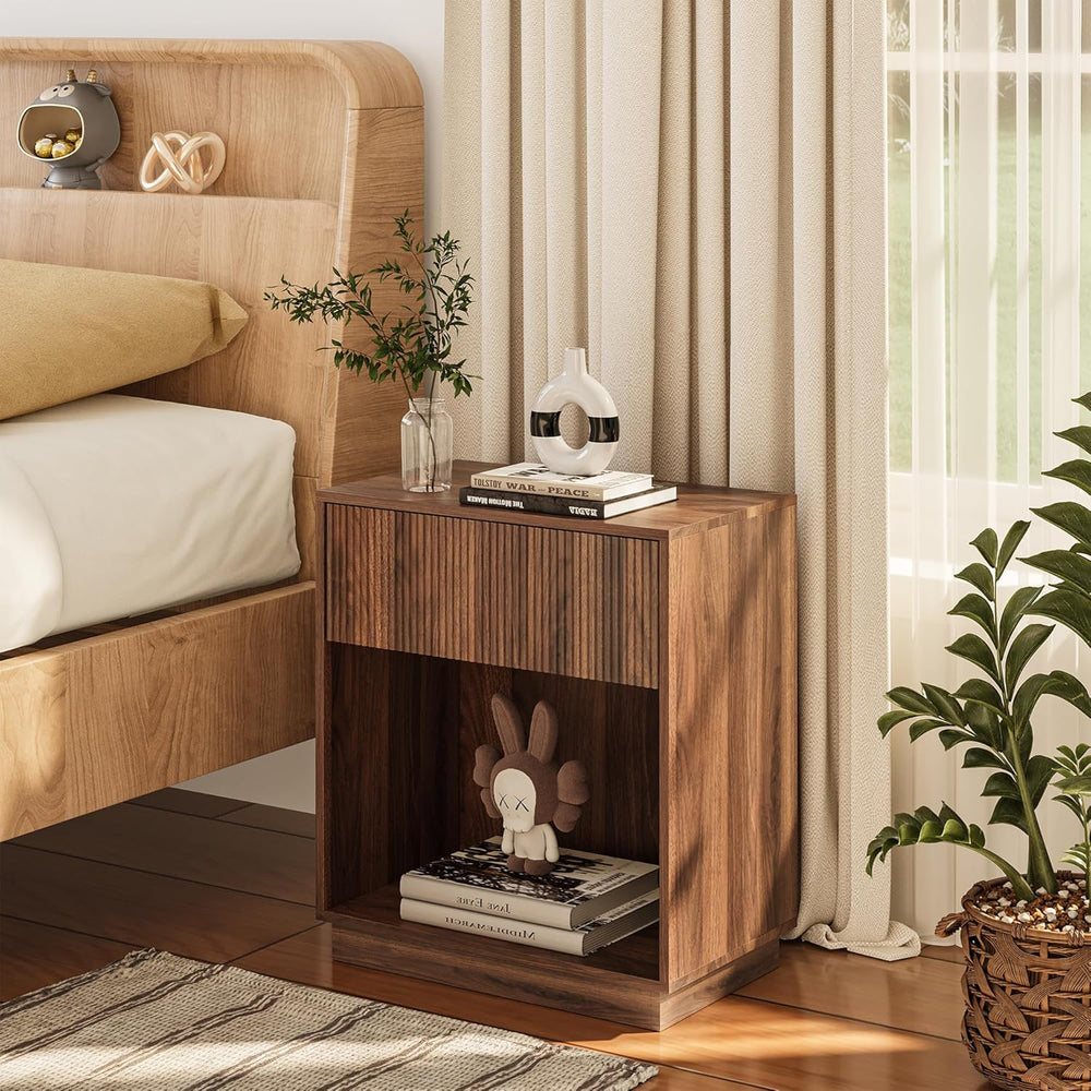Fluted Nightstands Set of 2, Modern Bedside Table with Storage Drawer and Ope...
