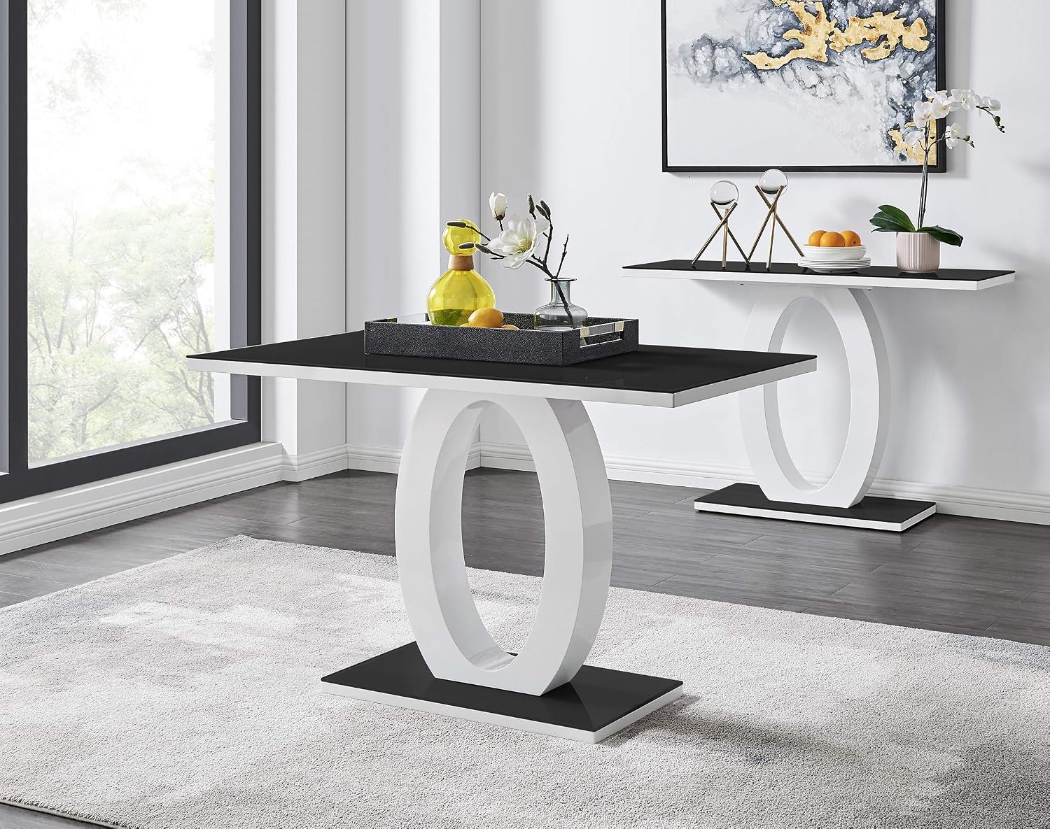 Furniturebox UK Giovani Black & White High Gloss Glass Dining Table with 4 Willow Chairs (Black & White High Gloss Glass Dining Table Set with 4 Elephant Grey Willow Chairs)