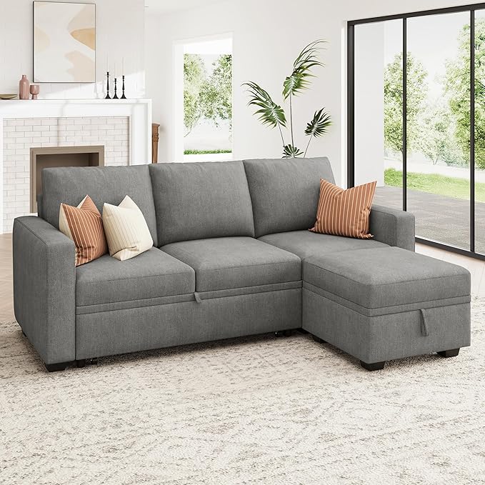 HONBAY Modular Sectional Sleeper Sofa with Pull Out Bed, L Shaped Sofa with Storage, Modular Sectional Couches for Living Room, Warm Grey