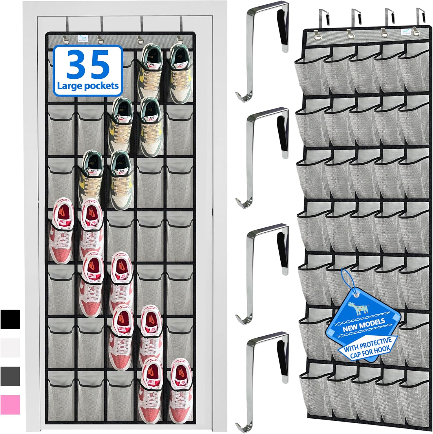 over the door shoe organizer,2025 upgraded,shoe organizer,35 Huge pockets,over door shoe organizer,Store size 13 shoes,shoe organizer,Strong material,hooks Suitable for various doors,Grey/black